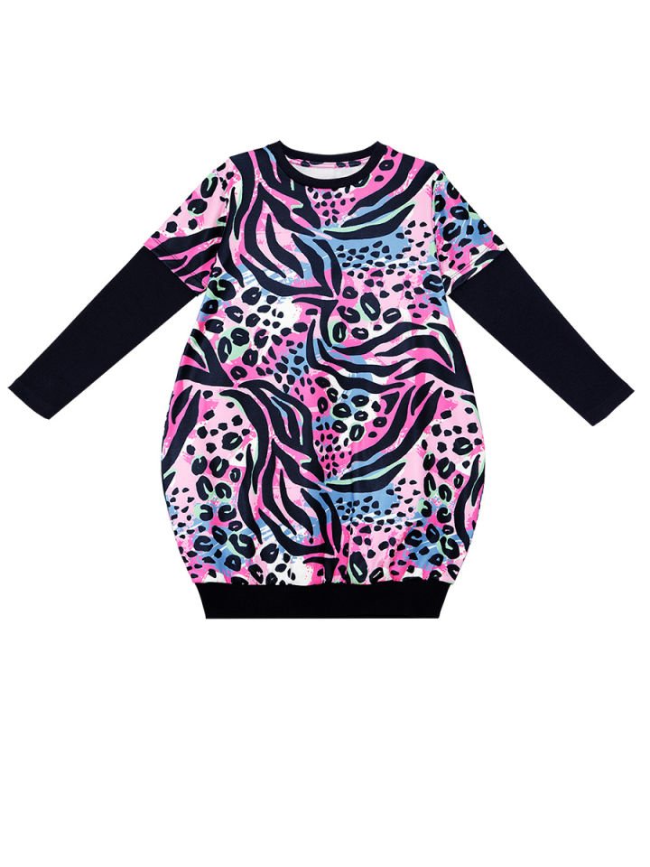 Leopar Desenli Pembe Lacivert Kız Çocuk Elbise 7 Y - Pembe