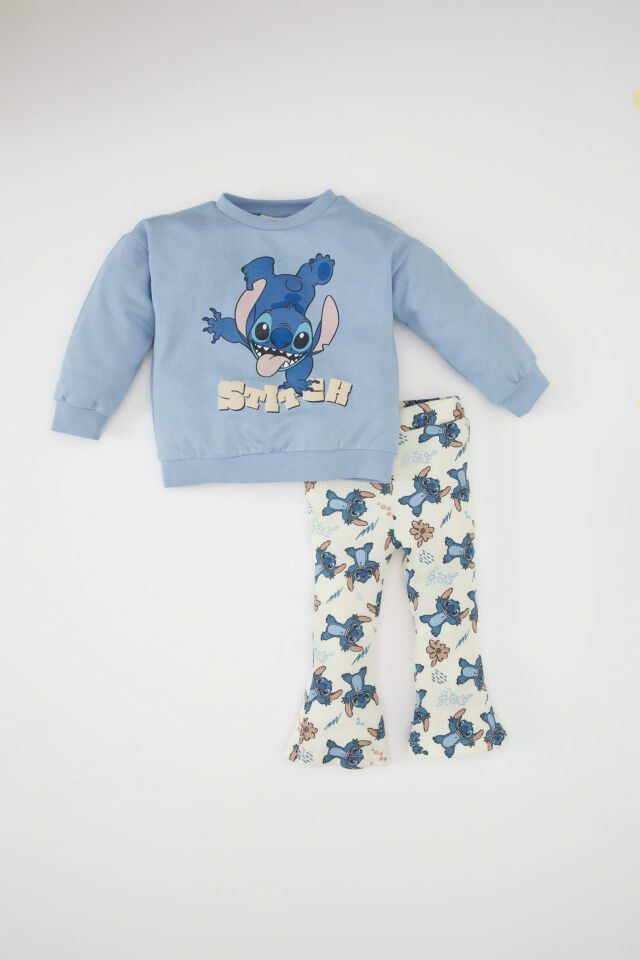 Kız Bebek 2'li Takım Disney Lilo & Stitch Sweatshirt Üst Beli Lastikli Desenli  Uzun İspanyol Paça Alt