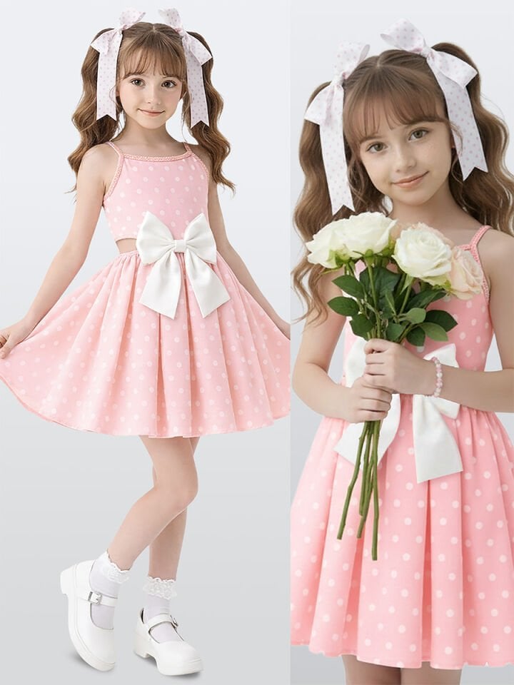 Beyaz Kurdeleli Kız Çocuk Pembe Puanlı Elbise