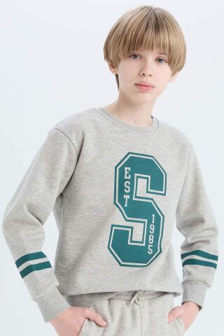 Erkek Çocuk Bisiklet Yaka Baskılı Kalın Sweatshirt