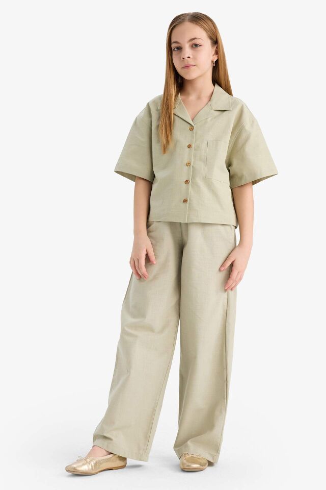 Kız Çocuk Cropped Fit Keten Kısa Kollu Gömlek