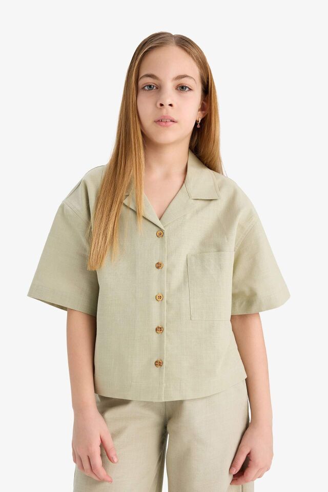 Kız Çocuk Cropped Fit Keten Kısa Kollu Gömlek