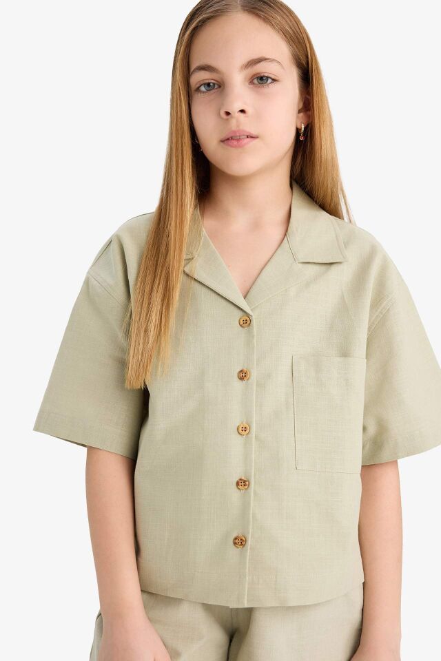 Kız Çocuk Cropped Fit Keten Kısa Kollu Gömlek
