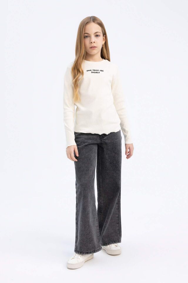 Kız Çocuk Slim Fit Dar Kesim Bisiklet Yaka Baskılı Fitilli Kaşkorse Uzun Kollu Tişört