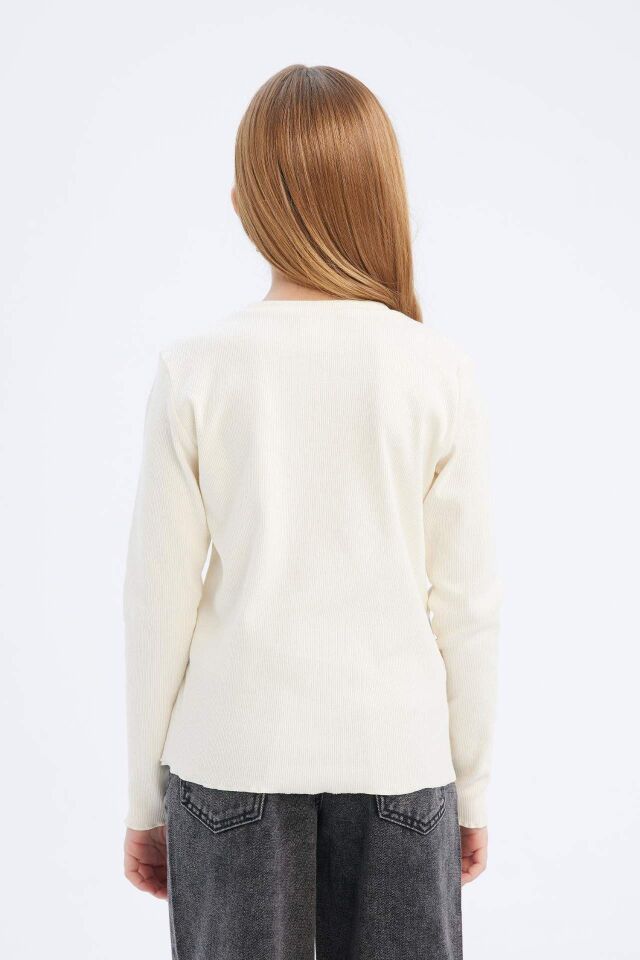 Kız Çocuk Slim Fit Dar Kesim Bisiklet Yaka Baskılı Fitilli Kaşkorse Uzun Kollu Tişört