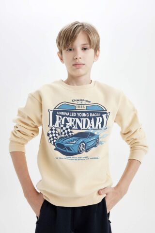 Erkek Çocuk Bisiklet Yaka Baskılı Kalın Sweatshirt