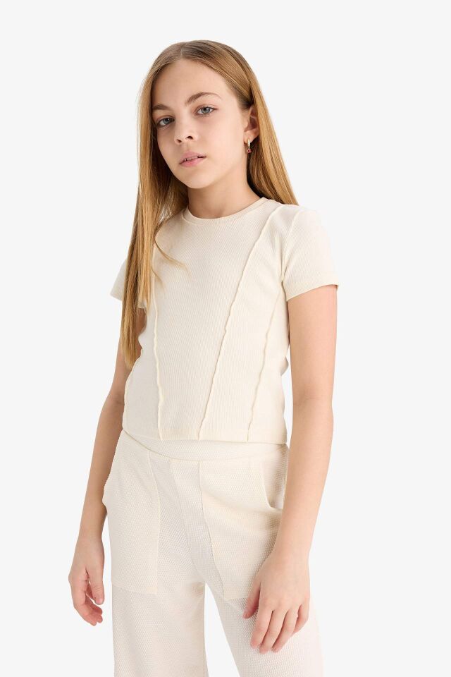 Kız Çocuk Slim Fit Dar Kesim Bisiklet Yaka Basic Düz Ribana Kısa Kollu Tişört