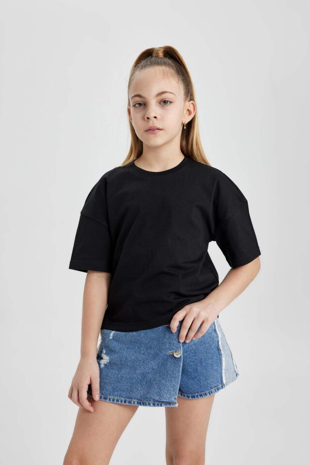 Kız Çocuk Bisiklet Yaka Crop Basic Düz Kısa Kollu Tişört 7/8 Yaş