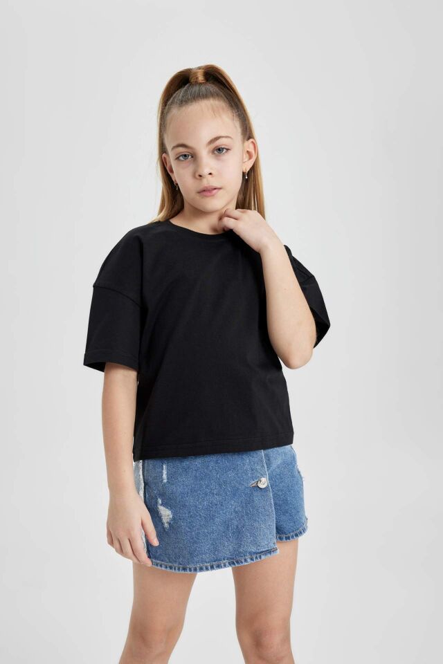 Kız Çocuk Bisiklet Yaka Crop Basic Düz Kısa Kollu Tişört 7/8 Yaş