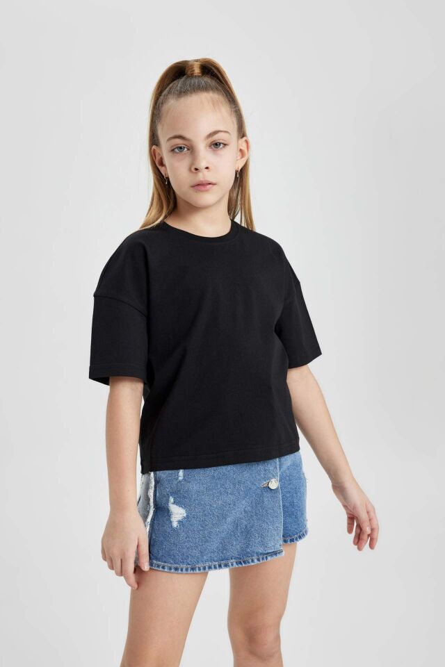 Kız Çocuk Bisiklet Yaka Crop Basic Düz Kısa Kollu Tişört 7/8 Yaş
