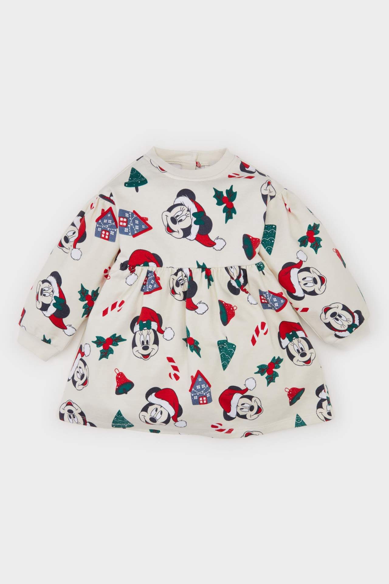 Kız Bebek Disney Mickey & Minnie Bisiklet Yaka Yılbaşı Temalı Uzun Kollu Elbise