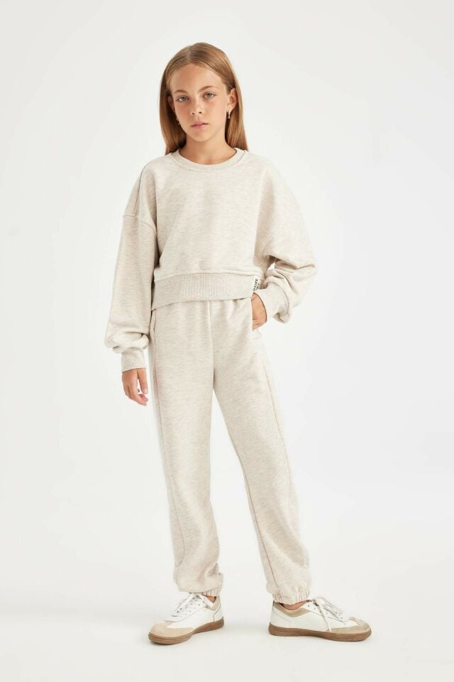 Kız Çocuk 2'li Takım Bisiklet Yaka Basic Düz Sweatshirt Jogger Eşofman Altı