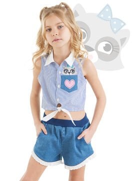 Rakun Kız Gömlek Denim Şort Takım