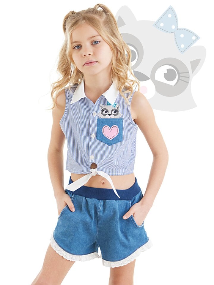 Rakun Kız Gömlek Denim Şort Takım
