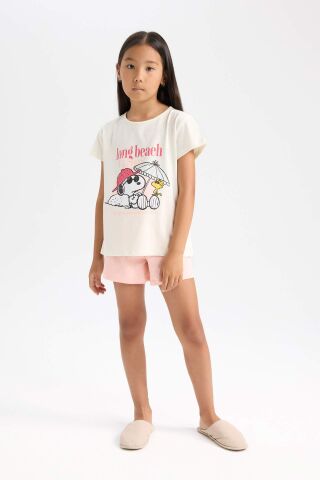 Kız Çocuk  Snoopy Pijama Takımı Kısa Kollu Üst Beli Lastikli Kısa Şort
