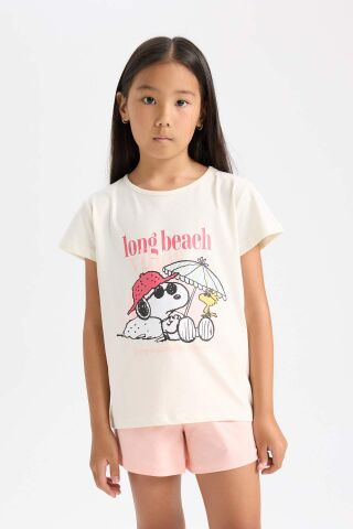 Kız Çocuk  Snoopy Pijama Takımı Kısa Kollu Üst Beli Lastikli Kısa Şort