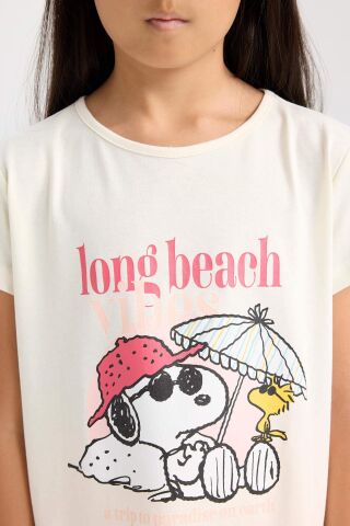 Kız Çocuk  Snoopy Pijama Takımı Kısa Kollu Üst Beli Lastikli Kısa Şort