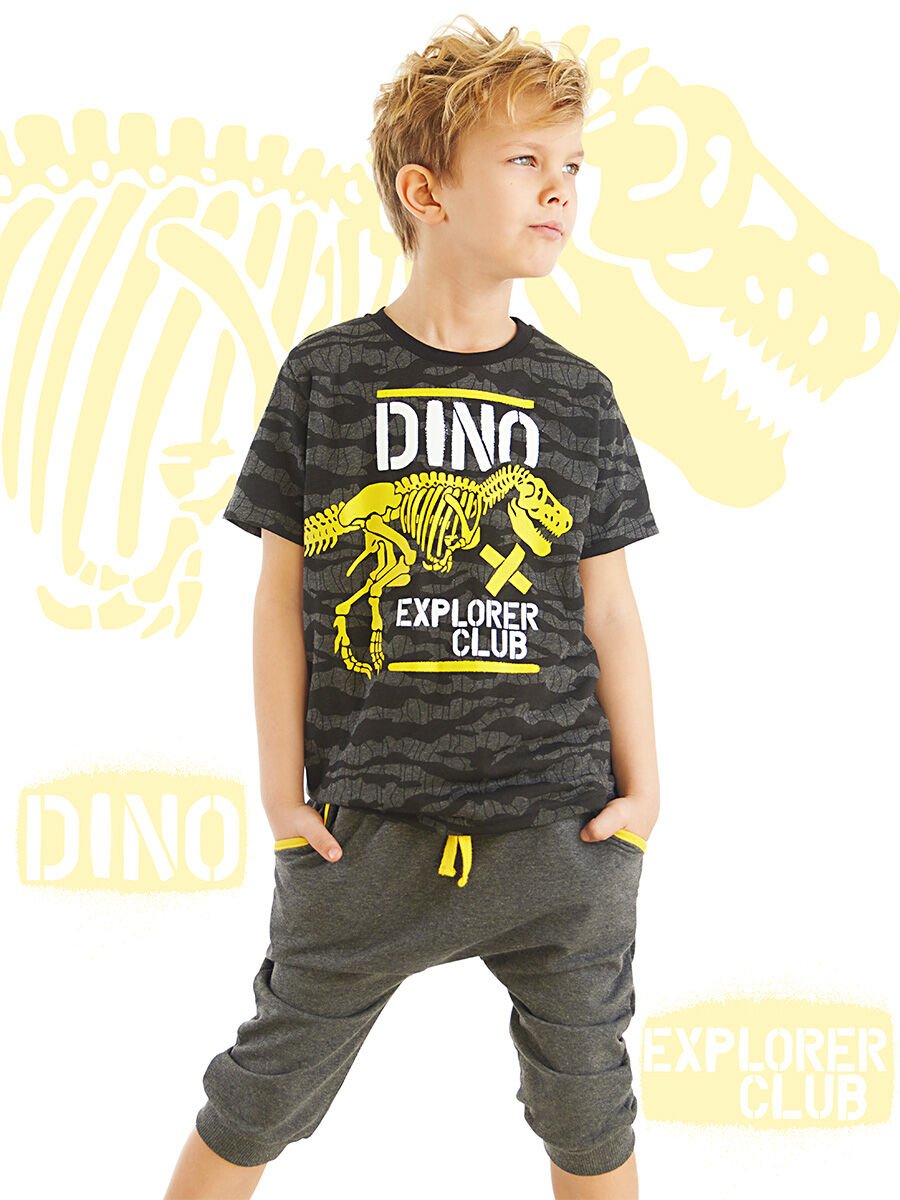 Dino Explorer Erkek Çocuk T-shirt Kapri Şort Takım 4 Y - Gri, Siyah