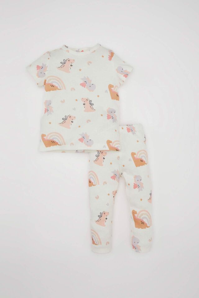 Kız Bebek Pijama Takımı Waffle  Dinazor Desenli Kısa Kollu Üst Uzun Alt