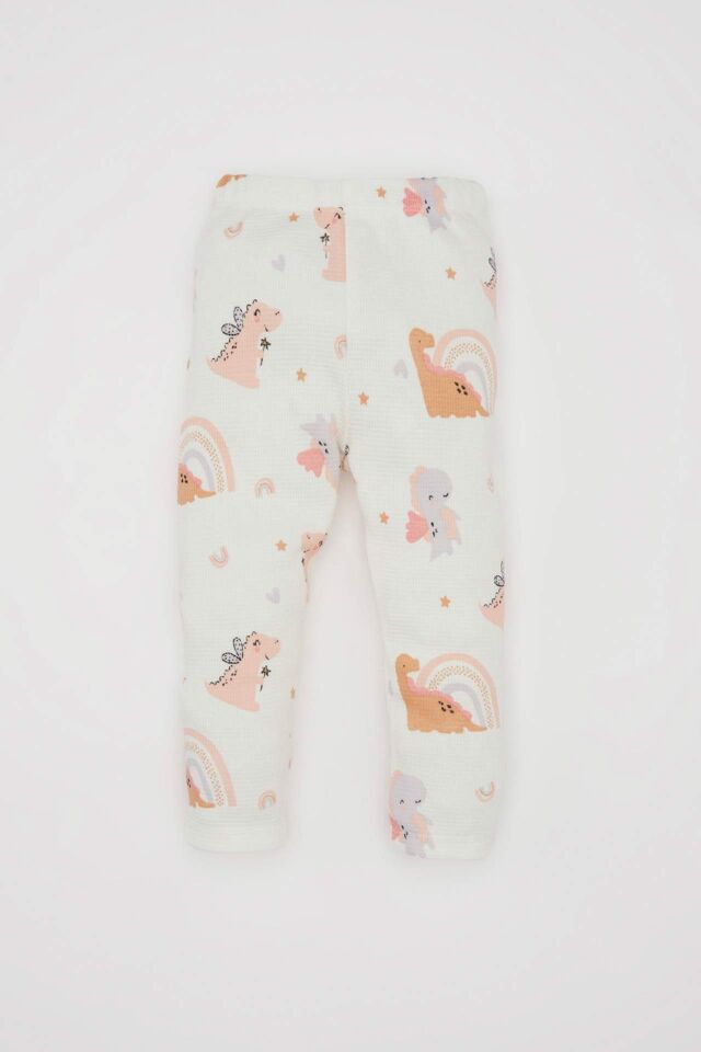 Kız Bebek Pijama Takımı Waffle  Dinazor Desenli Kısa Kollu Üst Uzun Alt