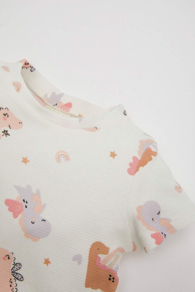 Kız Bebek Pijama Takımı Waffle  Dinazor Desenli Kısa Kollu Üst Uzun Alt