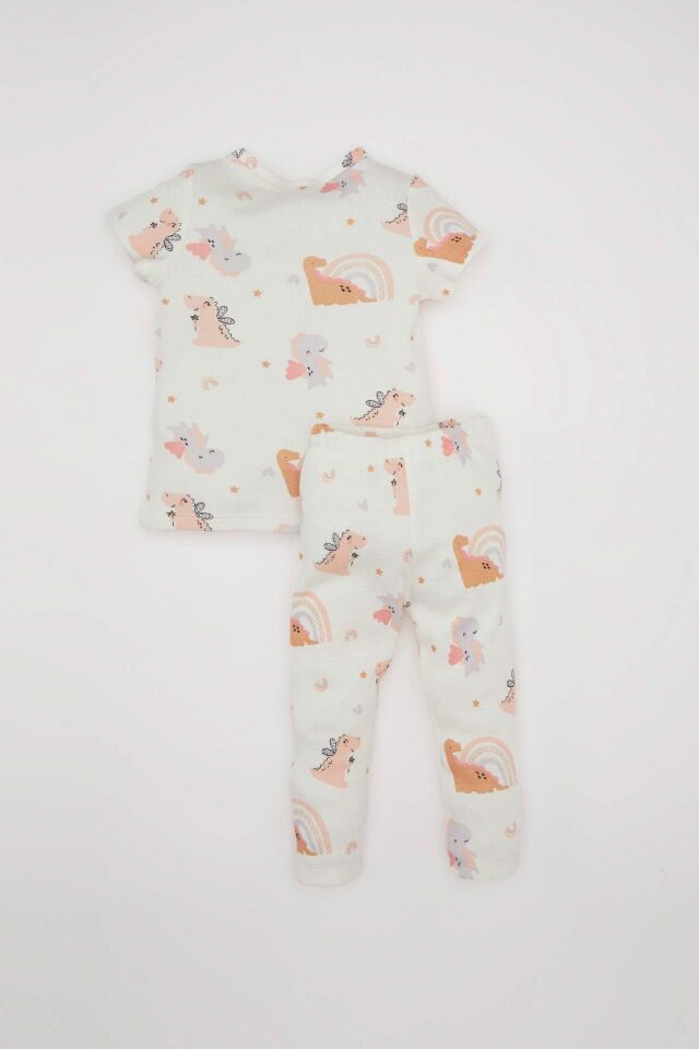 Kız Bebek Pijama Takımı Waffle  Dinazor Desenli Kısa Kollu Üst Uzun Alt