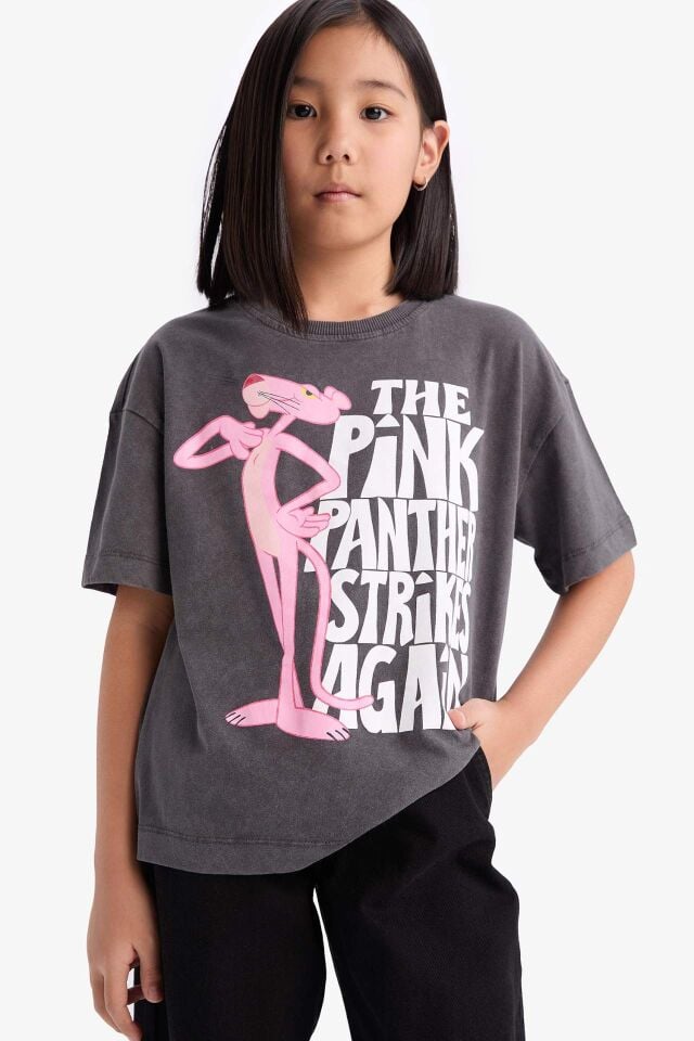 Kız Çocuk Pink Panther Oversize Geniş Kalıp Bisiklet Yaka Kısa Kollu Tişört