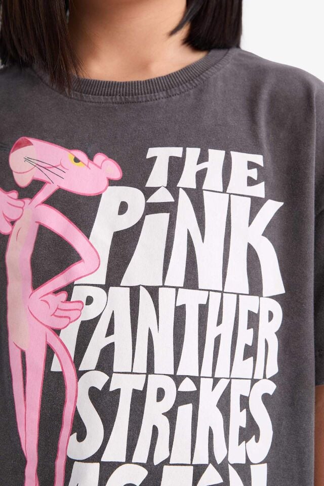 Kız Çocuk Pink Panther Oversize Geniş Kalıp Bisiklet Yaka Kısa Kollu Tişört