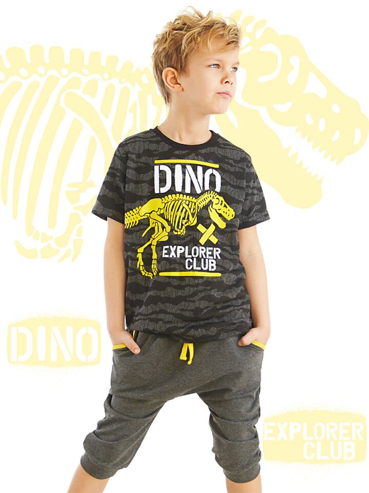 Dino Explorer Erkek Çocuk T-shirt Kapri Şort Takım 5 Y - Gri, Siyah