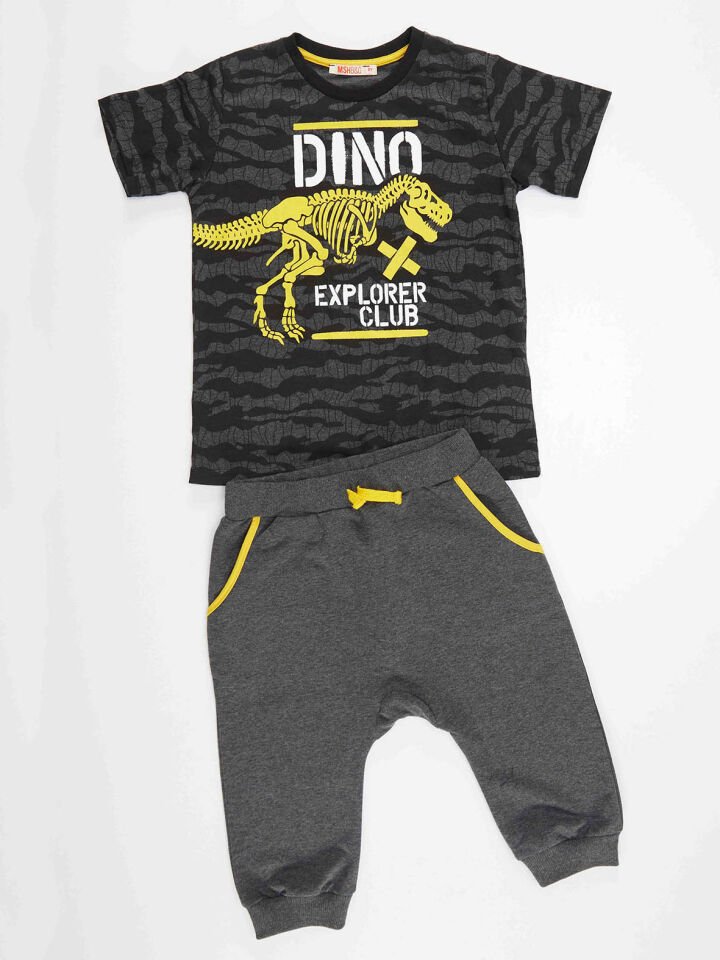 Dino Explorer Erkek Çocuk T-shirt Kapri Şort Takım 6 Y - Gri, Siyah