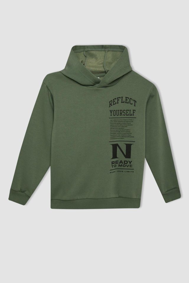 Erkek Çocuk Haki Baskılı Kapüşonlu Sweatshirt