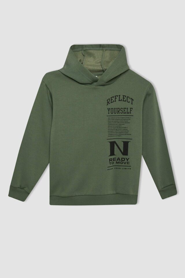Erkek Çocuk Haki Baskılı Kapüşonlu Sweatshirt