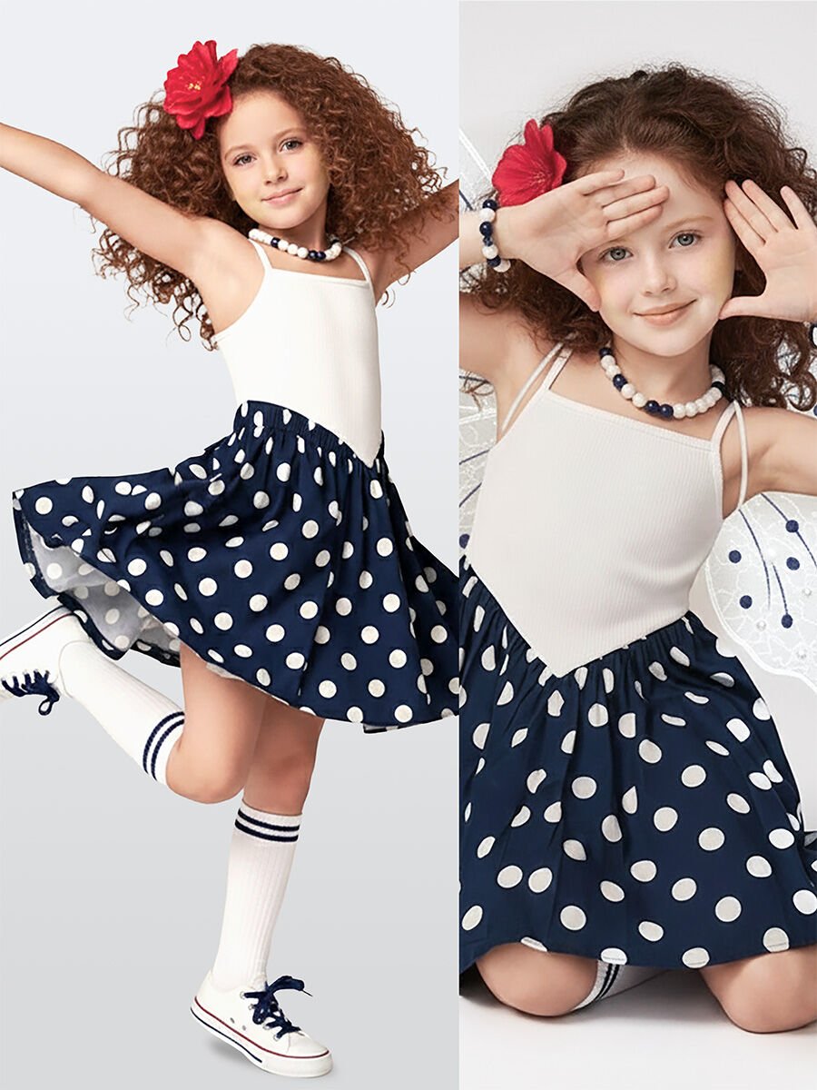 Lacivert Beyaz Puantiye Kız Çocuk Elbise