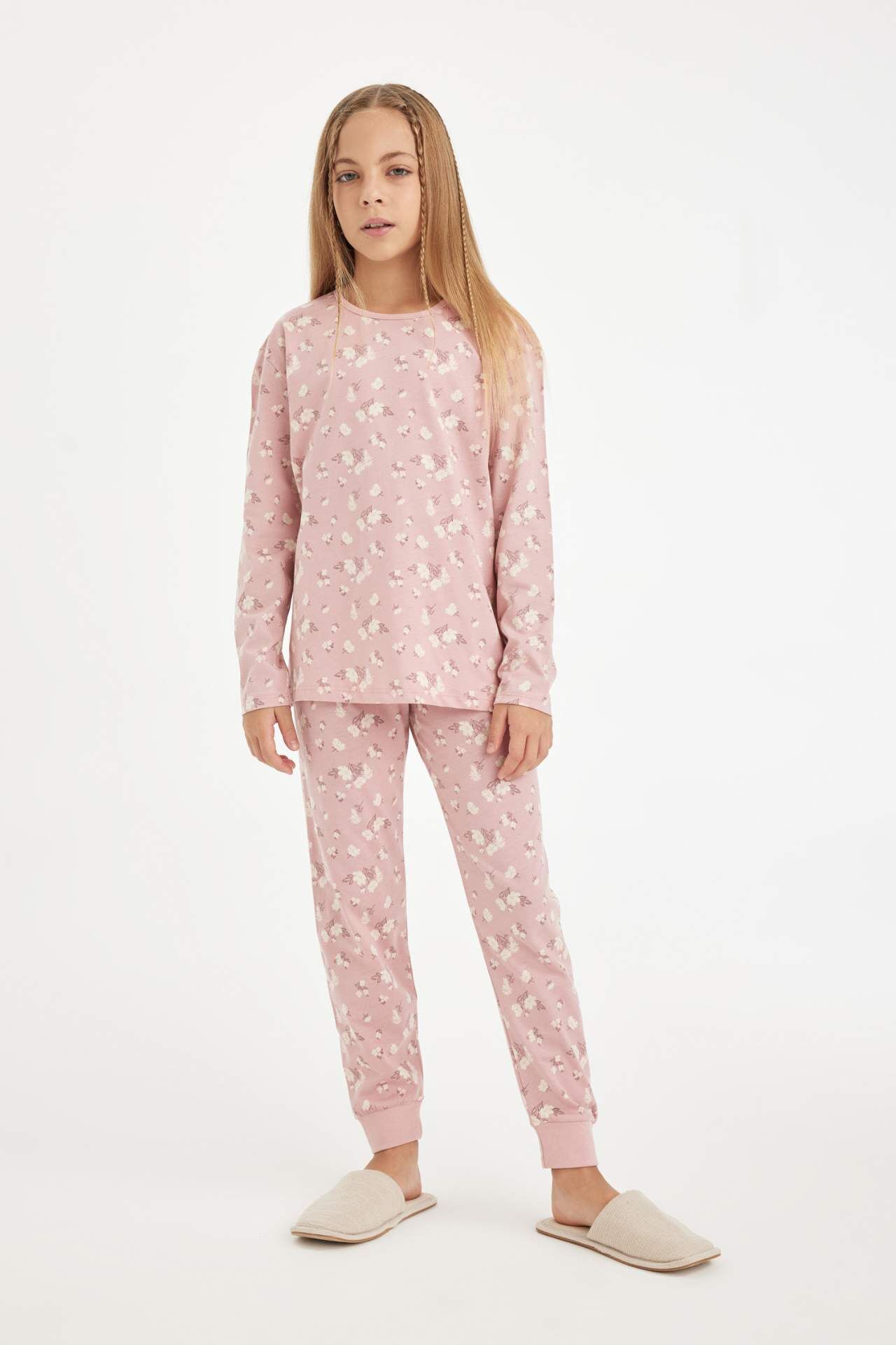 Kız Çocuk Pijama Takımı Desenli Uzun Kollu Üst Beli Lastikli Uzun Alt
