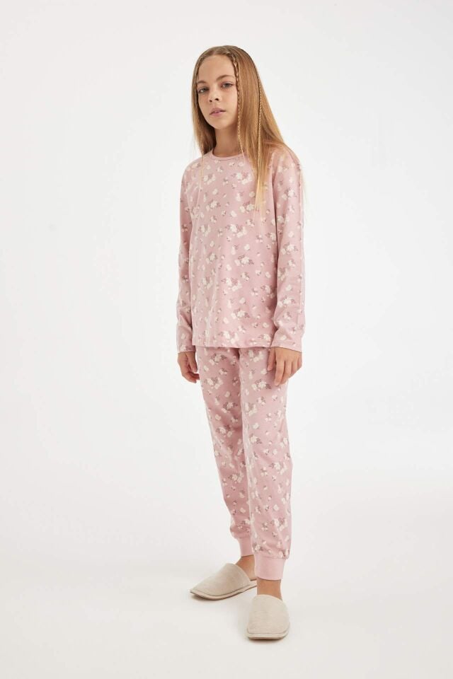 Kız Çocuk Pijama Takımı Desenli Uzun Kollu Üst Beli Lastikli Uzun Alt