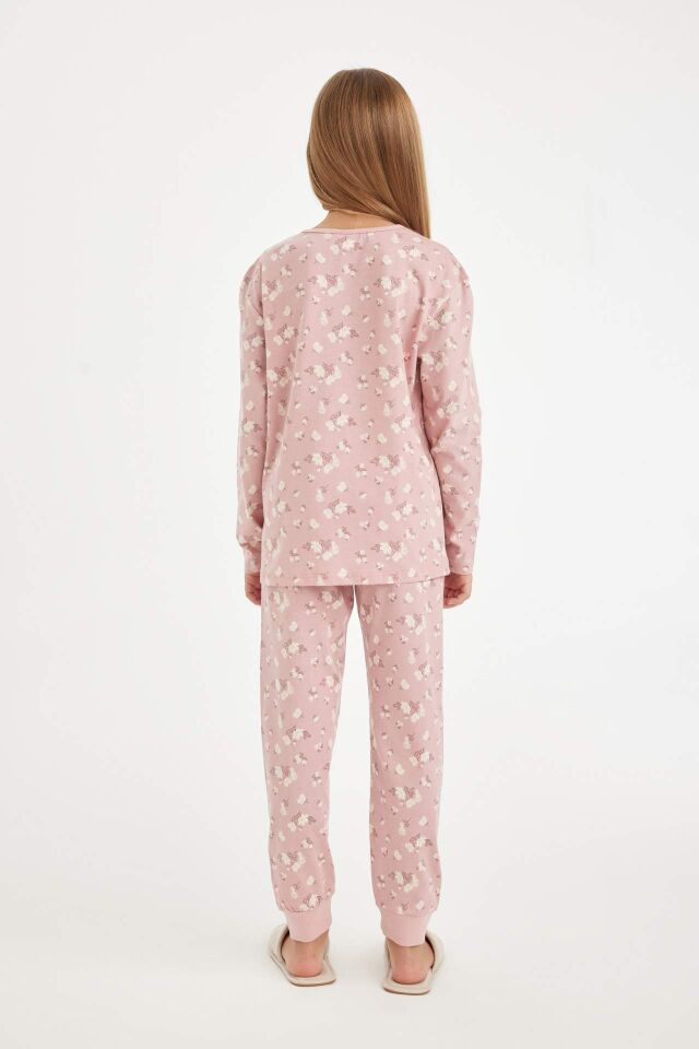 Kız Çocuk Pijama Takımı Desenli Uzun Kollu Üst Beli Lastikli Uzun Alt