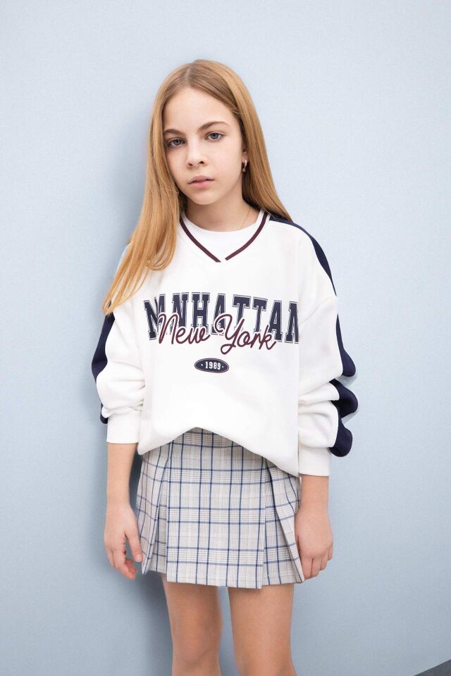 Kız Çocuk Oversize Geniş Kalıp Bisiklet Yaka Baskılı Sweatshirt