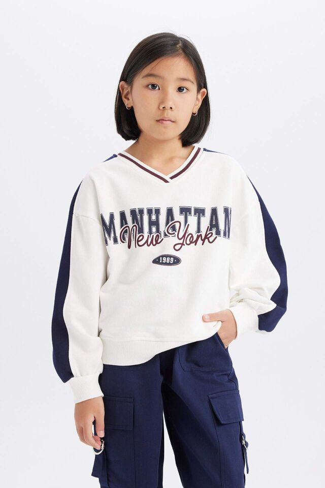 Kız Çocuk Oversize Geniş Kalıp Bisiklet Yaka Baskılı Sweatshirt