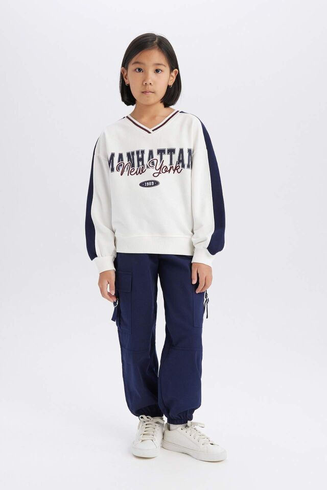Kız Çocuk Oversize Geniş Kalıp Bisiklet Yaka Baskılı Sweatshirt