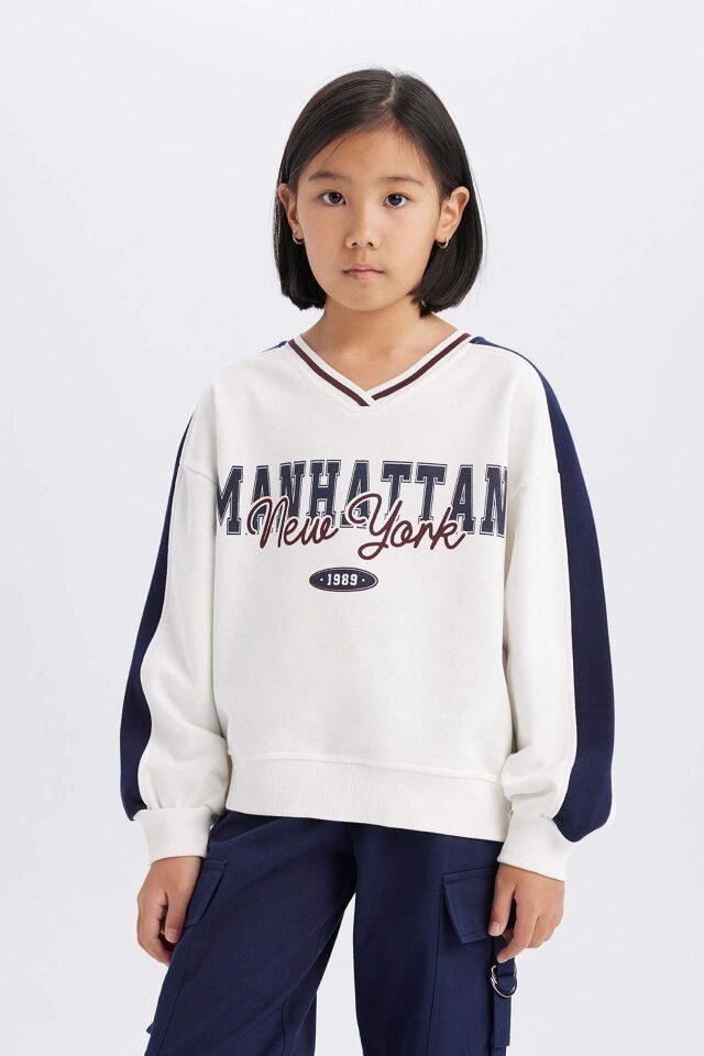 Kız Çocuk Oversize Geniş Kalıp Bisiklet Yaka Baskılı Sweatshirt