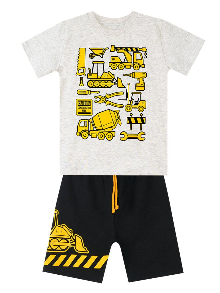 İnşaat Araçları Erkek Çocuk T-shirt Şort Takım 3 Y - Kar Melanj, Siyah