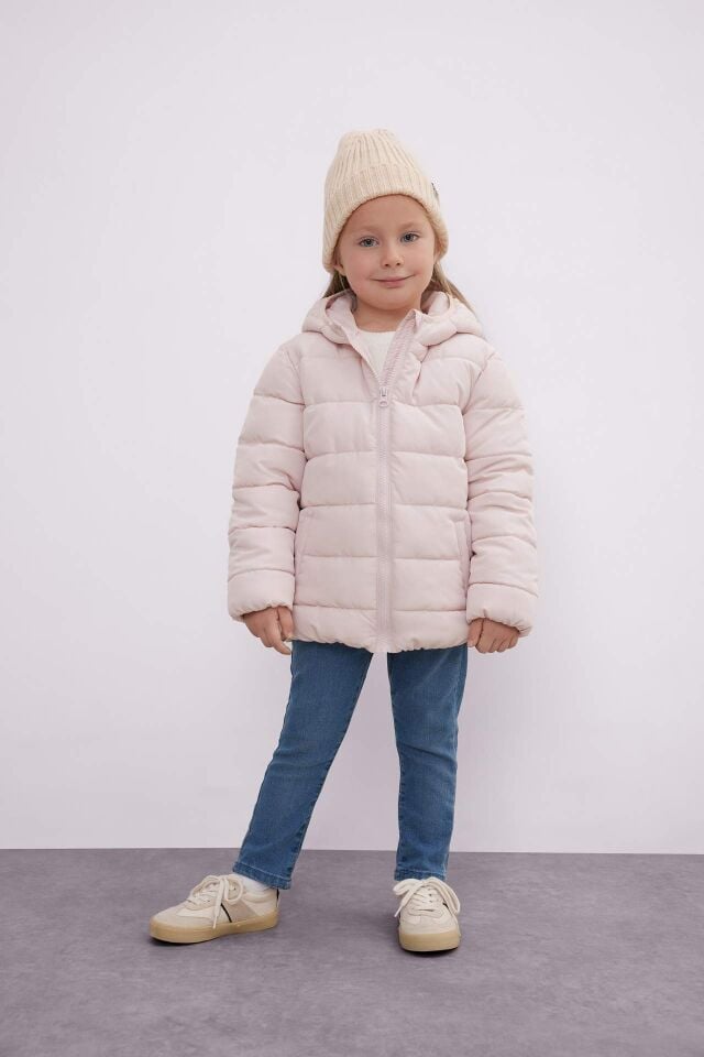 Kız Bebek Su İtici Beli Lastikli Kapüşonlu Şişme Mont