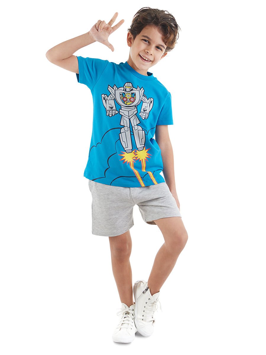 Robot Erkek Çocuk T-shirt Şort Takım 4 Y - Mavi, Gri