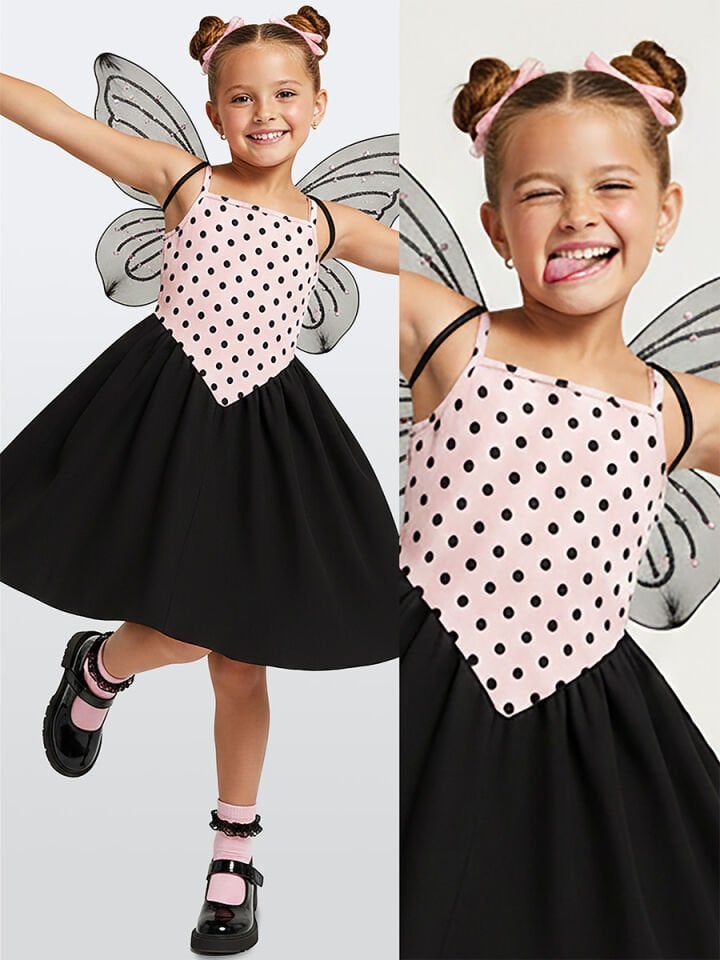 Pembe Siyah Puantiye Kız Çocuk Elbise