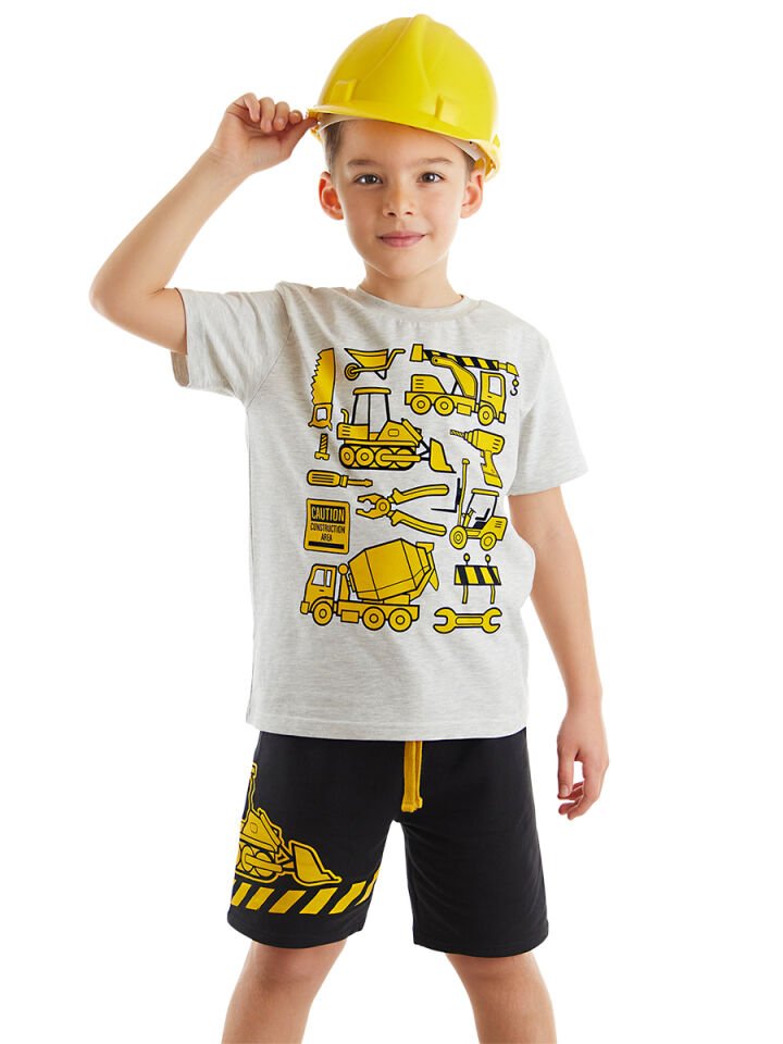 İnşaat Araçları Erkek Çocuk T-shirt Şort Takım 7 Y - Kar Melanj, Siyah