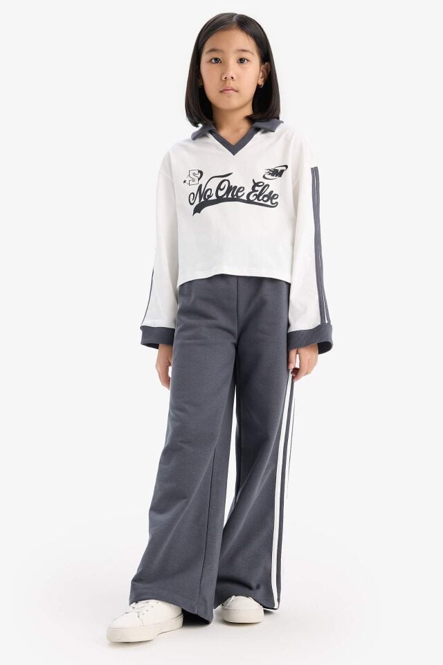 Kız Çocuk 2'li Takım Baskılı Sweatshirt Beli Lastikli Geniş Paça Eşofman Altı