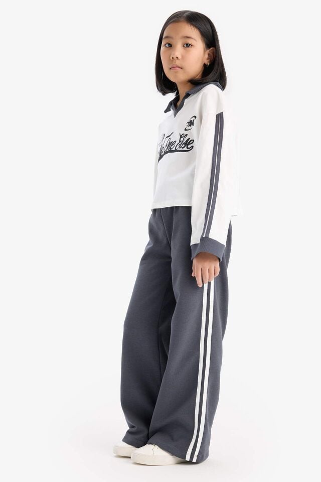 Kız Çocuk 2'li Takım Baskılı Sweatshirt Beli Lastikli Geniş Paça Eşofman Altı