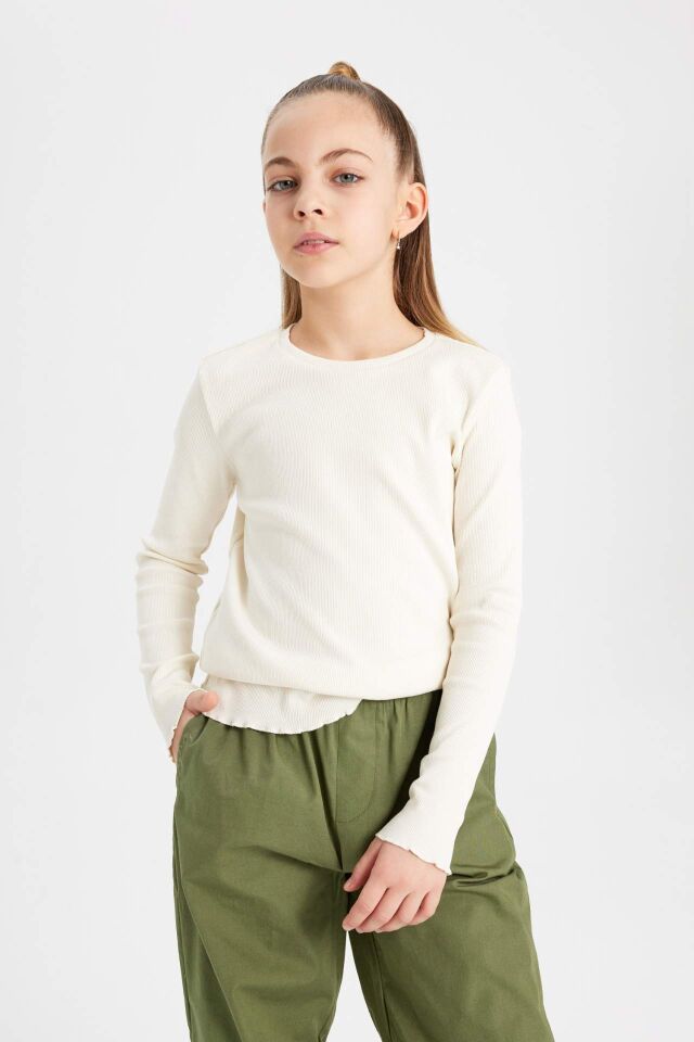 Kız Çocuk Slim Fit Dar Kesim Bisiklet Yaka Ribana Uzun Kollu Tişört