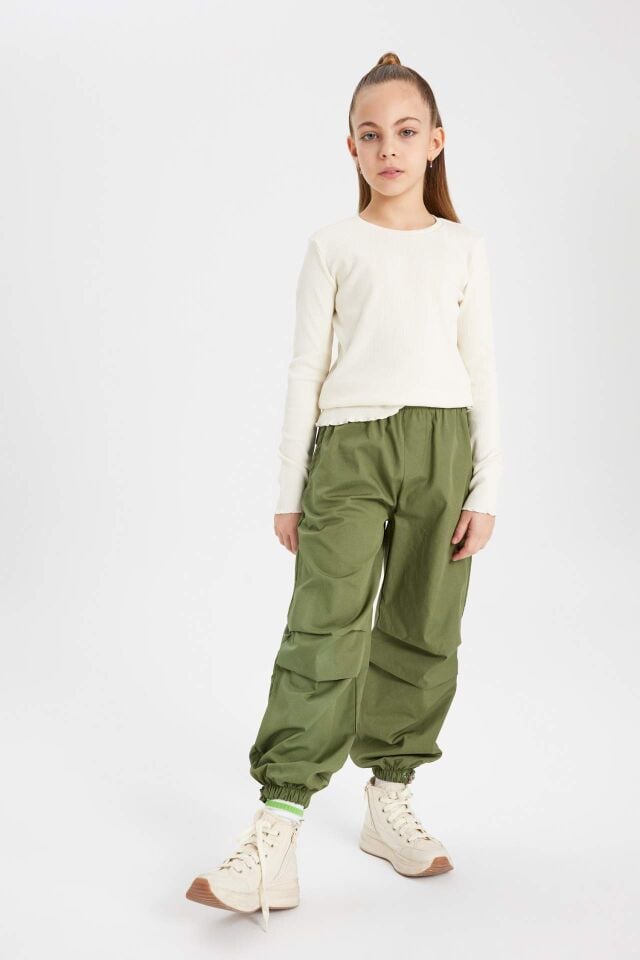 Kız Çocuk Slim Fit Dar Kesim Bisiklet Yaka Ribana Uzun Kollu Tişört