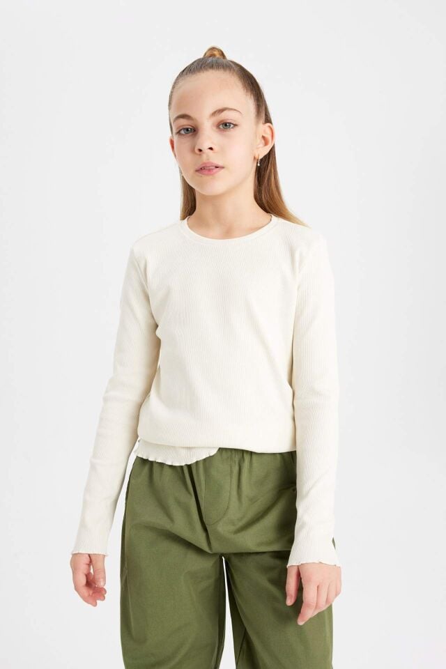 Kız Çocuk Slim Fit Dar Kesim Bisiklet Yaka Ribana Uzun Kollu Tişört